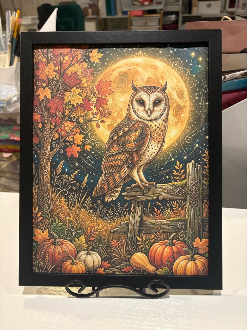 Autumn Moon Owl 8x10 Art - Framed Fall Print in Orange and Gold